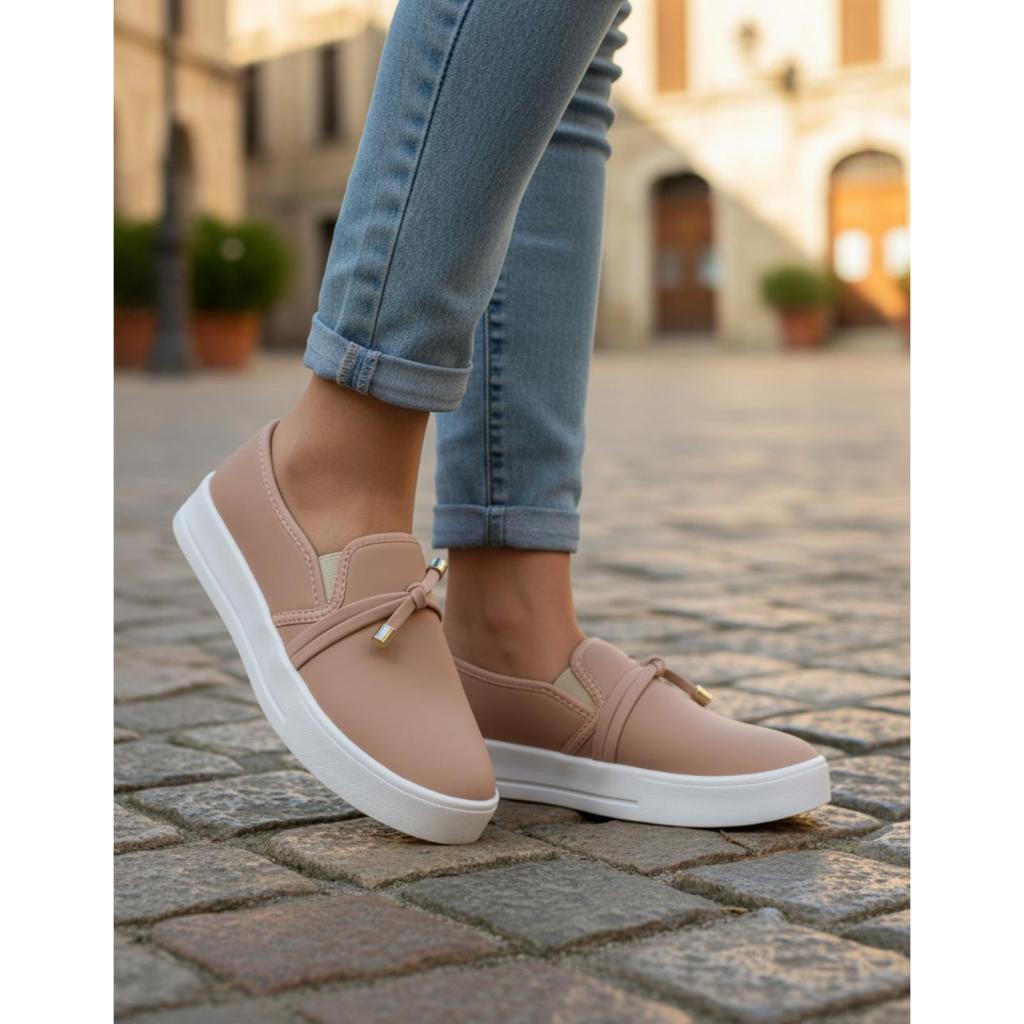 Tênis Feminino Slip On Stillus  Casual Iate Calce Fácil confortável Laço Strass