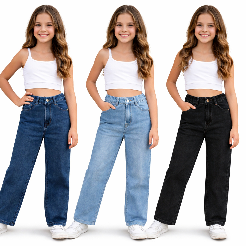 Calça Jeans Wide Leg Infantil Juvenil menina Cintura Alta Estilosa Escola Passeio lazer