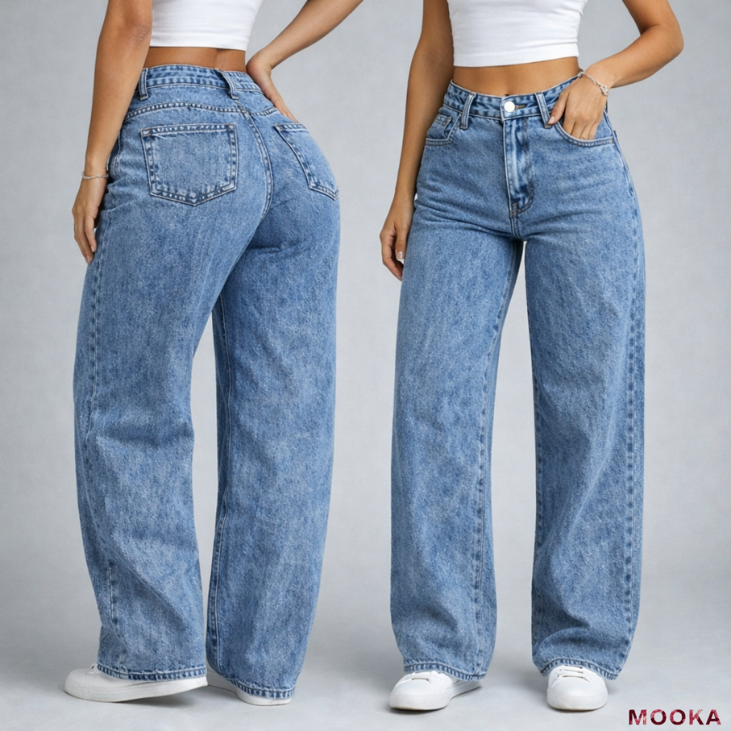 Calça Jeans Wide Leg Feminina Marmorizada Cintura Alta em Oferta na Shopee