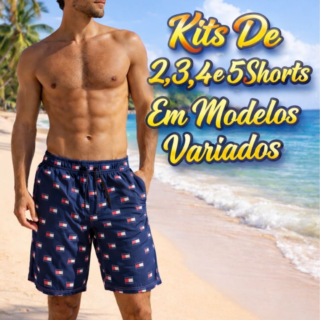 Kit Bermudas Masculinas Tactel com Elastano Estampadas Praia Academia – Várias Unidades