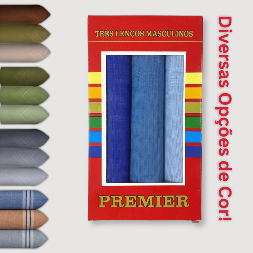 Caixa c/ 3 Lenço Masculino de Bolso 100% Algodão Premier Caixa c/ 3 Lenço Masculino de Bolso 100% Algodão Premier