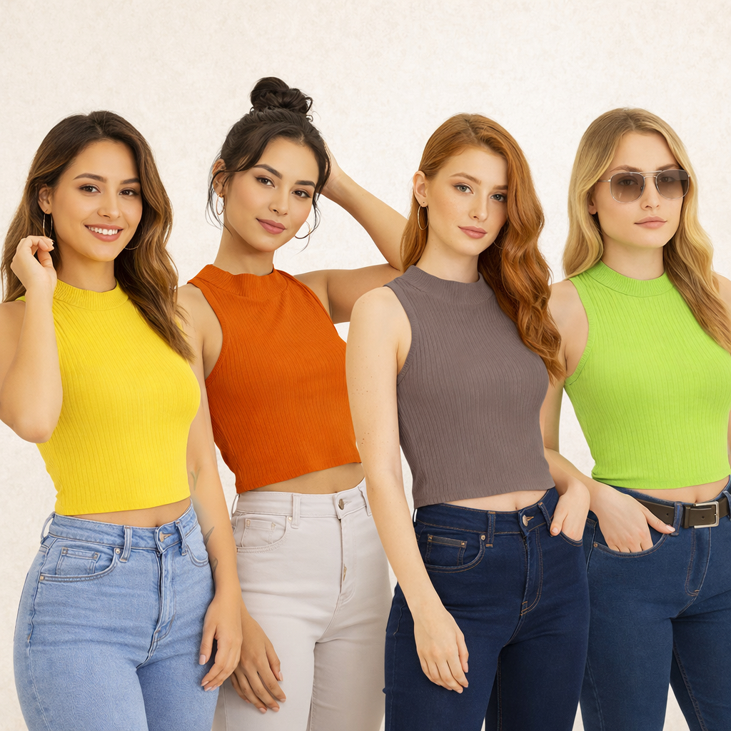 Kit 4 Cropped Canelado Básico Fresco Verão sem Manga Cavado Regata Feminino