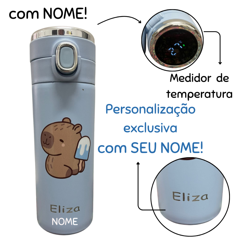 Garrafa Térmica Inox CAPIVARA Com seu NOME Termômetro Digita e Trava de Segurança Personalizada Adulto Infantil escolar em Oferta na Shopee