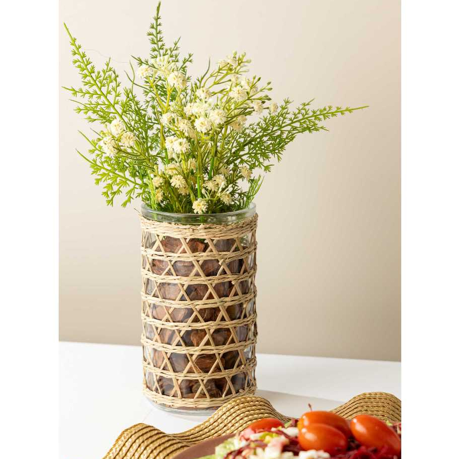 Vaso de Vidro e Fibra Natural 10cm x 13cm Wolff Charme e Sofisticação no Lar