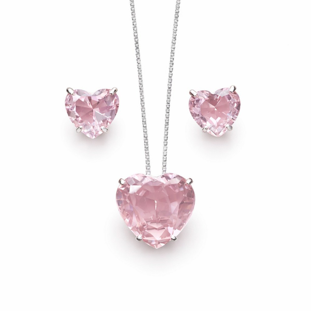 Conjunto Colar e Brincos de Coração Rosa Cristal em Prata 925