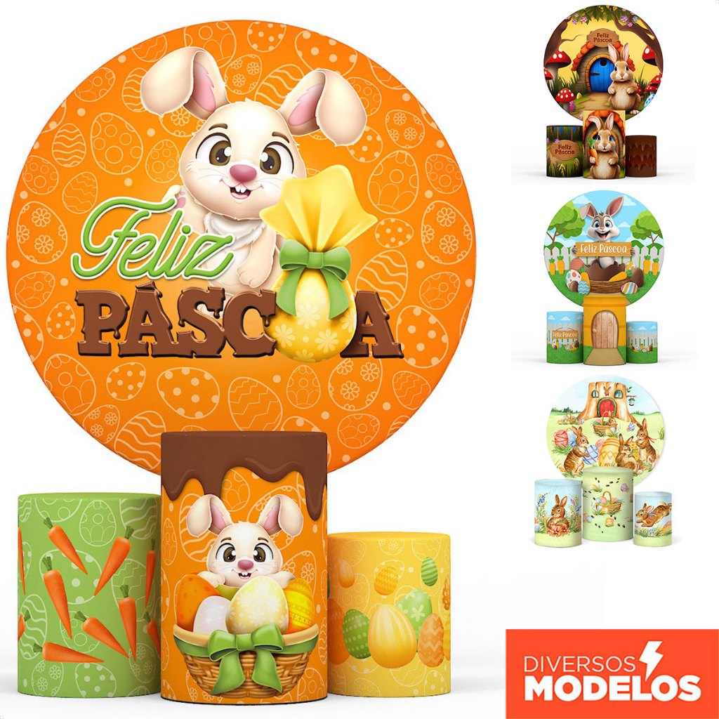 Kit Painel Redondo Páscoa + Trio Capas Cilindro de Festa Sublimado Tecido Veste Fácil C/Elástico