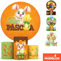 Kit Painel Redondo Páscoa + Trio Capas Cilindro de Festa Sublimado Tecido Veste Fácil C/Elástico