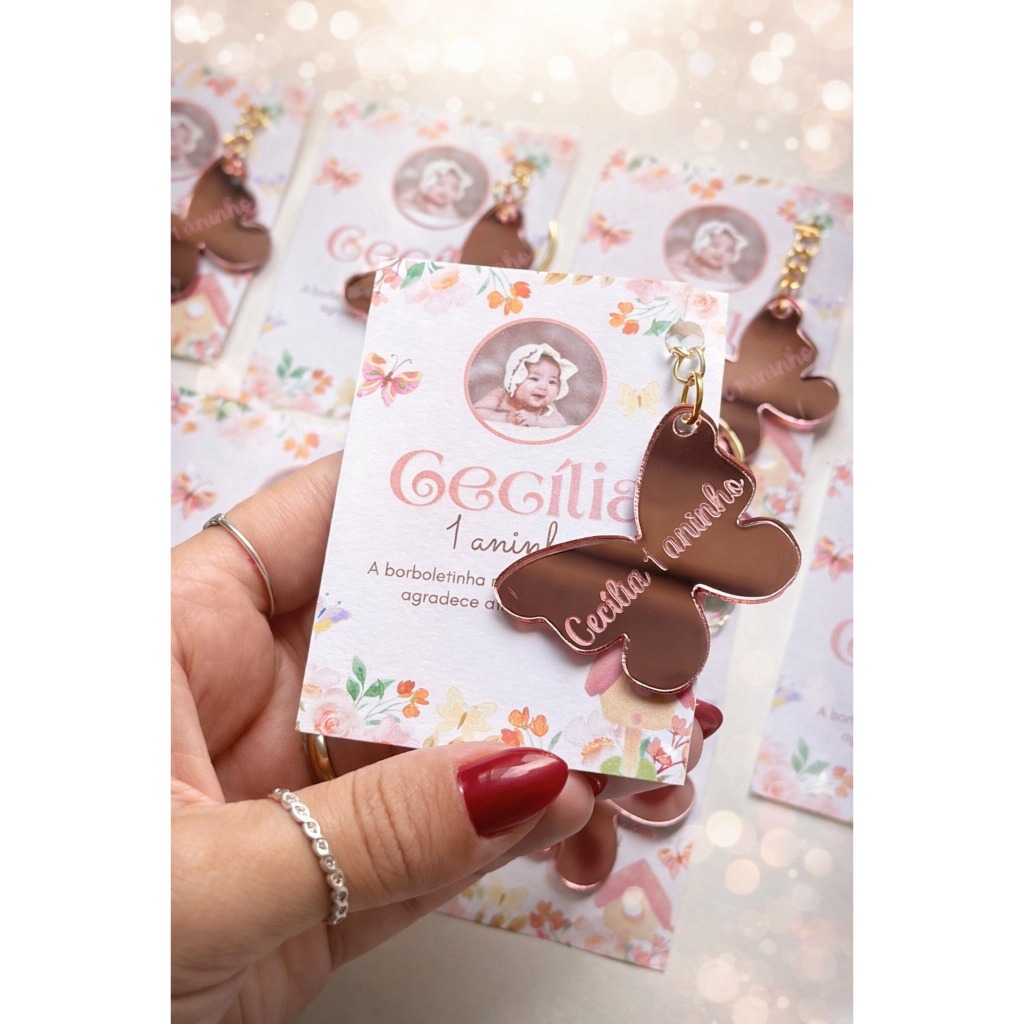 Chaveiro de borboleta em acrílico com cartão personalizado para aniversário, festa, chá de bebe