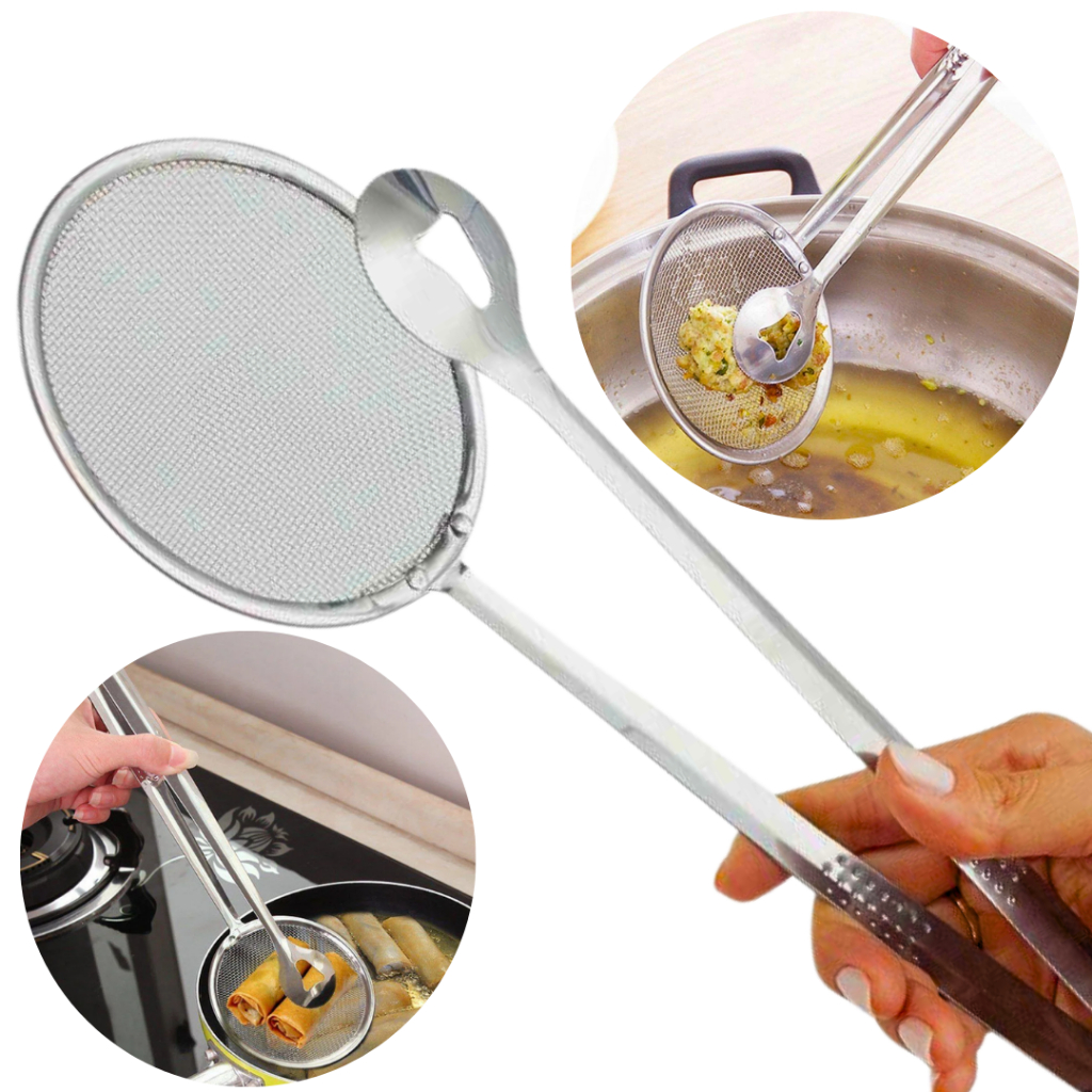 Kit Escumadeira Fritura 2 Em 1 Com Pegador Pinça Peneira Inox Pegador Pastel Batata Salgado Cozinha