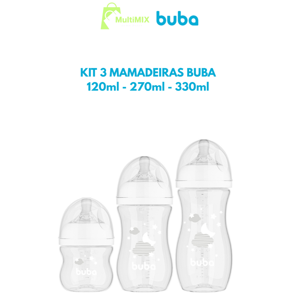 KIT 3 Mamadeiras BUBA Easy Flow Anti-cólica Nuvem Branca - 0+ 120ml , 2+ 270ml , 4+ 330ml - Bebe, Buba em Oferta na Shopee