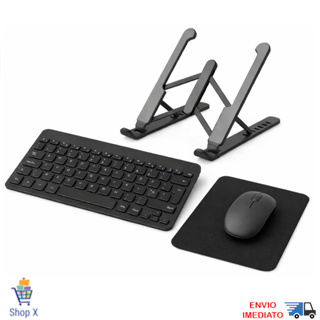 Kit Teclado e Mouse Sem Fio Bluetooth e Suporte Notebook e Mousepad Uso em PC iPad Tablet e Notebook em Oferta na Shopee