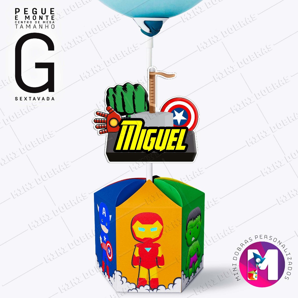 Centro de Mesa VINGADORES BABY - Caixa Sextavada - Tamanho G - Personalizado (PEGUE E MONTE) em Oferta na Shopee