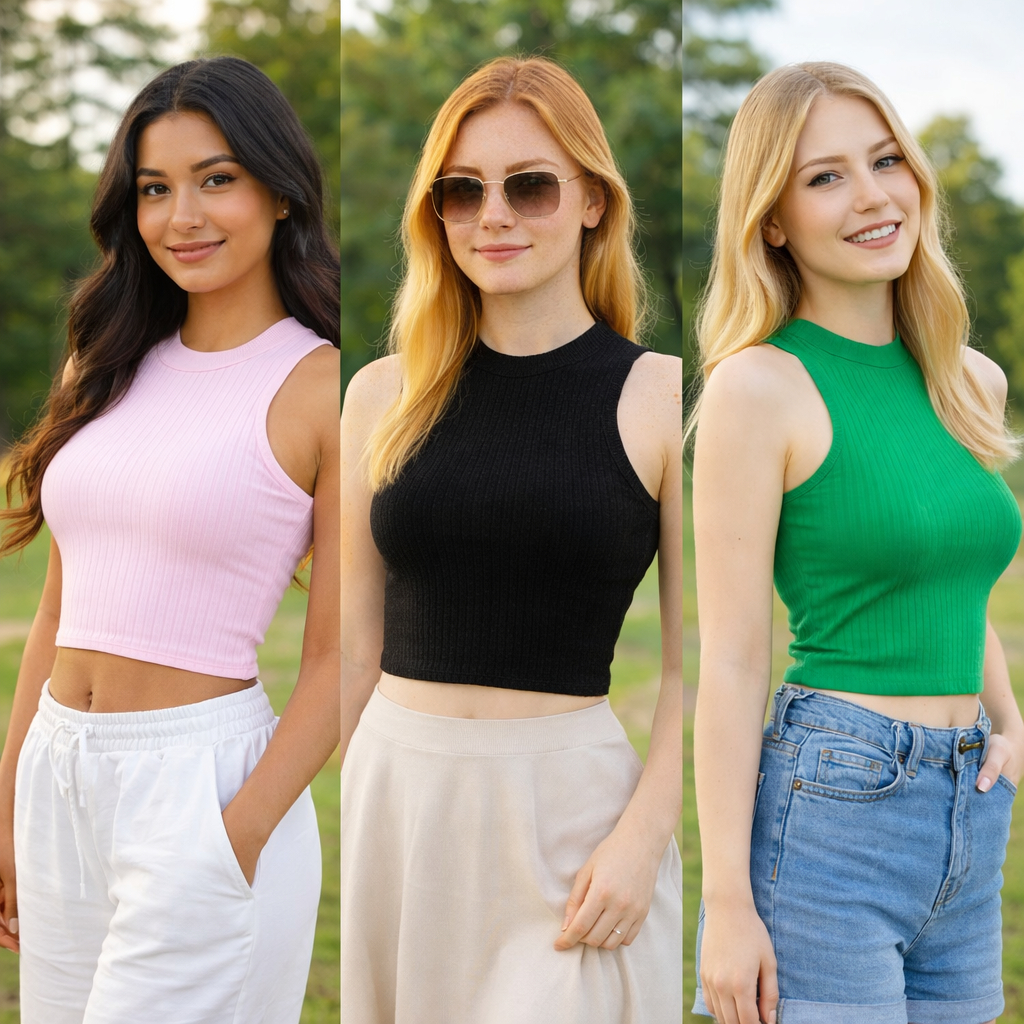 KIT 3 Cropped Feminino Ribana Canelada Blusinha Básica Lisa Casual Verão fresco