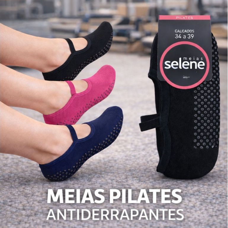 Imagem Kit Até 3 Pares De Meias Pilates Yoga Sapatilhas Esportiva Antiderrapante Original Selene Ref 7850