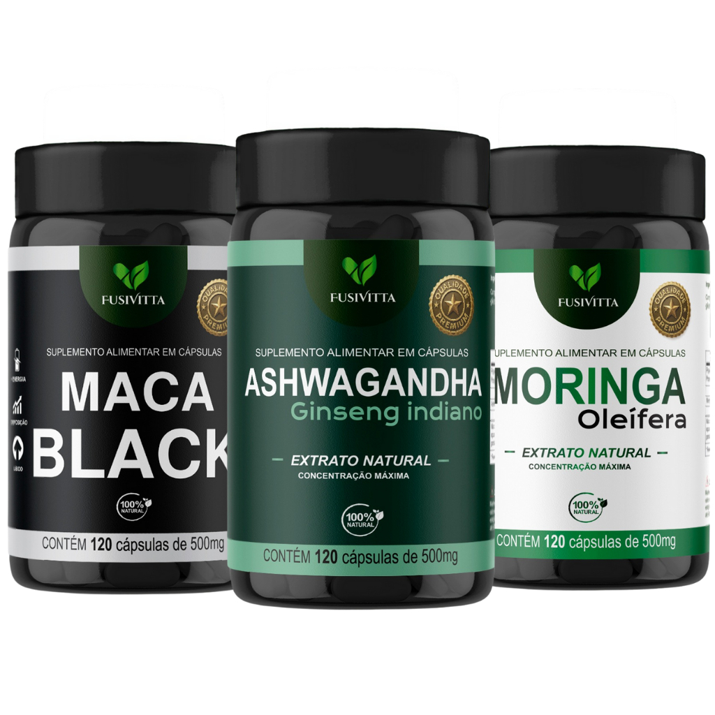 Kit Ashwagandha, Maca Negra e Moringa 120 Cápsulas Cada 500mg FusiVitta em Oferta na Shopee