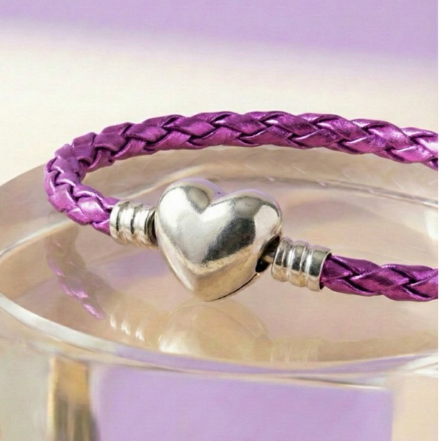 Pulseira de Couro Sintético Purple | Metálica com Fecho de Coração Banhado | Pulseira para Berloque | Kpop Army BTS