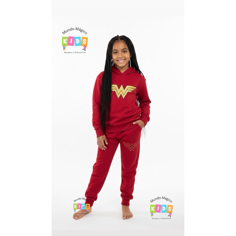 Conjunto de Moletom mulher maravilha vermelho super heroína Infantil Menina, Calça e Blusa Com Touca