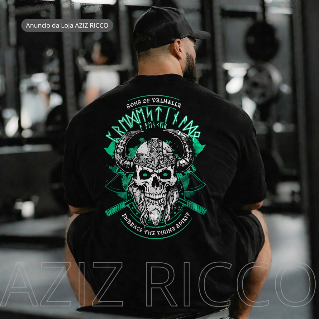 Camiseta Oversized Masculina Caveira Viking Valhalla Algodão Premium academia