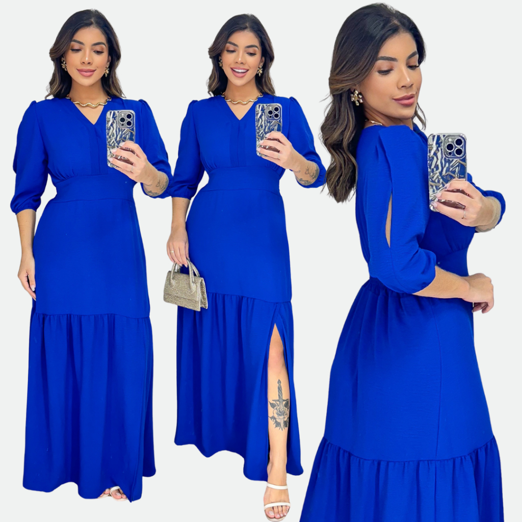 Vestido manga 3/4 com fenda longo feminino tecido Duna abertura nas mangas moda evangélica festa vestido feminino
