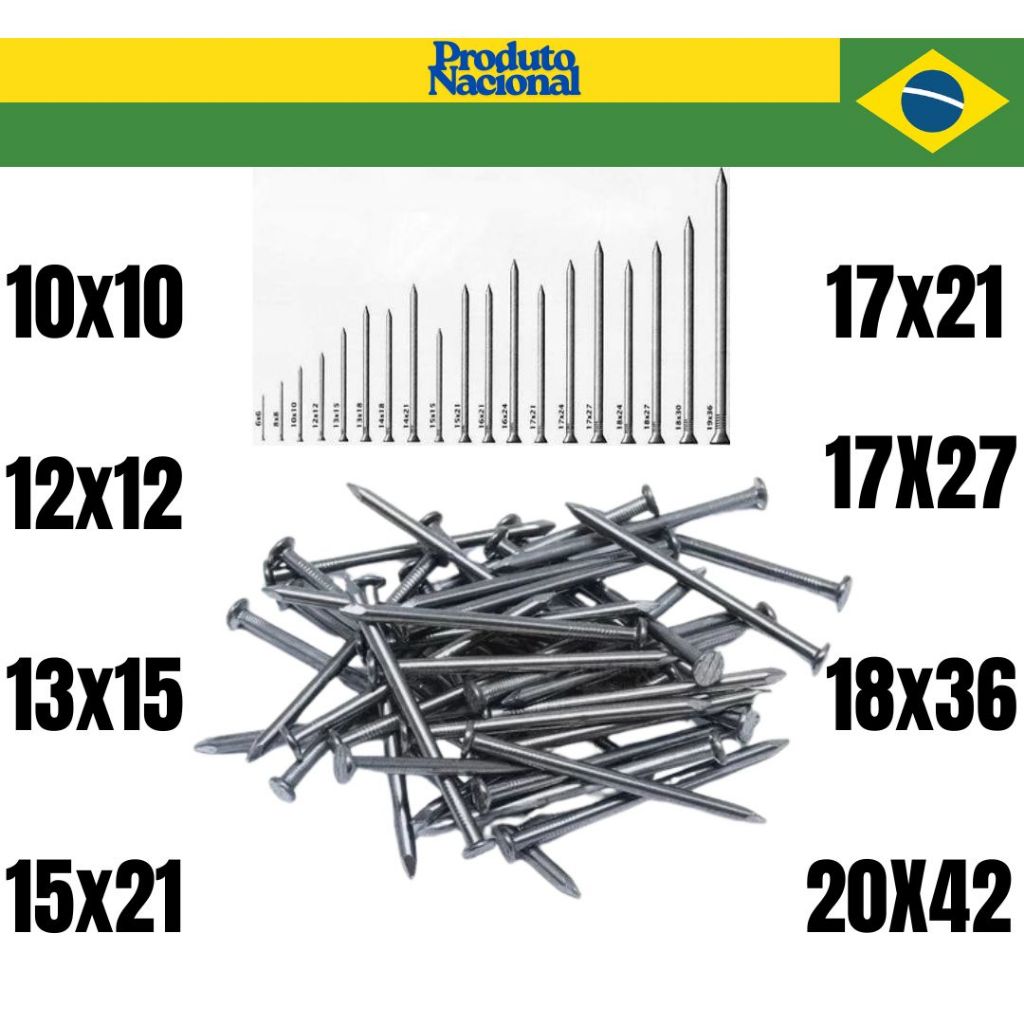 Prego 10x10 12x12 17X27 18X36 Pacote 500g; 1 Kg; até 3kg Produto Nacional
