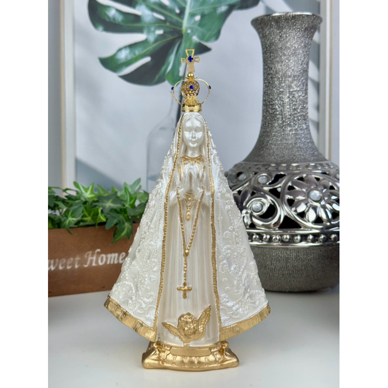 nossa senhora aparecida 22cm coroa folheada manto bordado branca perolado dourado gesso