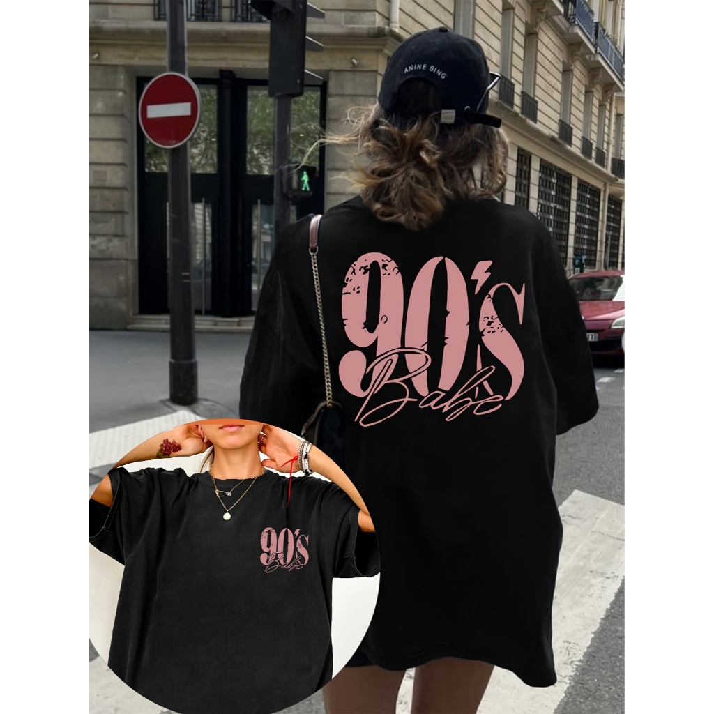 Camiseta T-shirt Feminina Oversized 90's Babe Preta Academia Gym Tendência Verão 2026 100% Estampada Casual Confortável