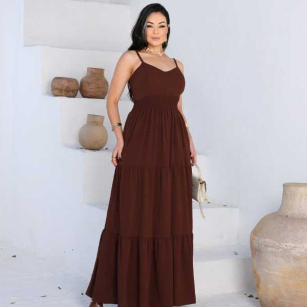 Vestido feminino longo de alcinhas ajustáveis e lastex nas costas TECIDO DUNA PREMIUM