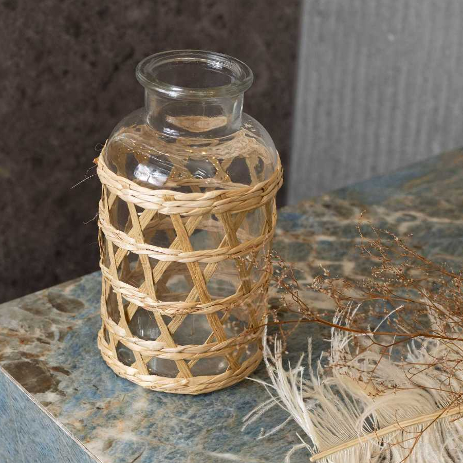 Vaso de Vidro e Fibra Natural 10cm x 19,5cm Wolff Ideal para Mesa e Decoração