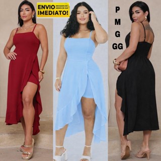 Vestido macaquinho Tendencia Com alças finas e fenda frontal Modelo confortável e elegante em Oferta na Shopee