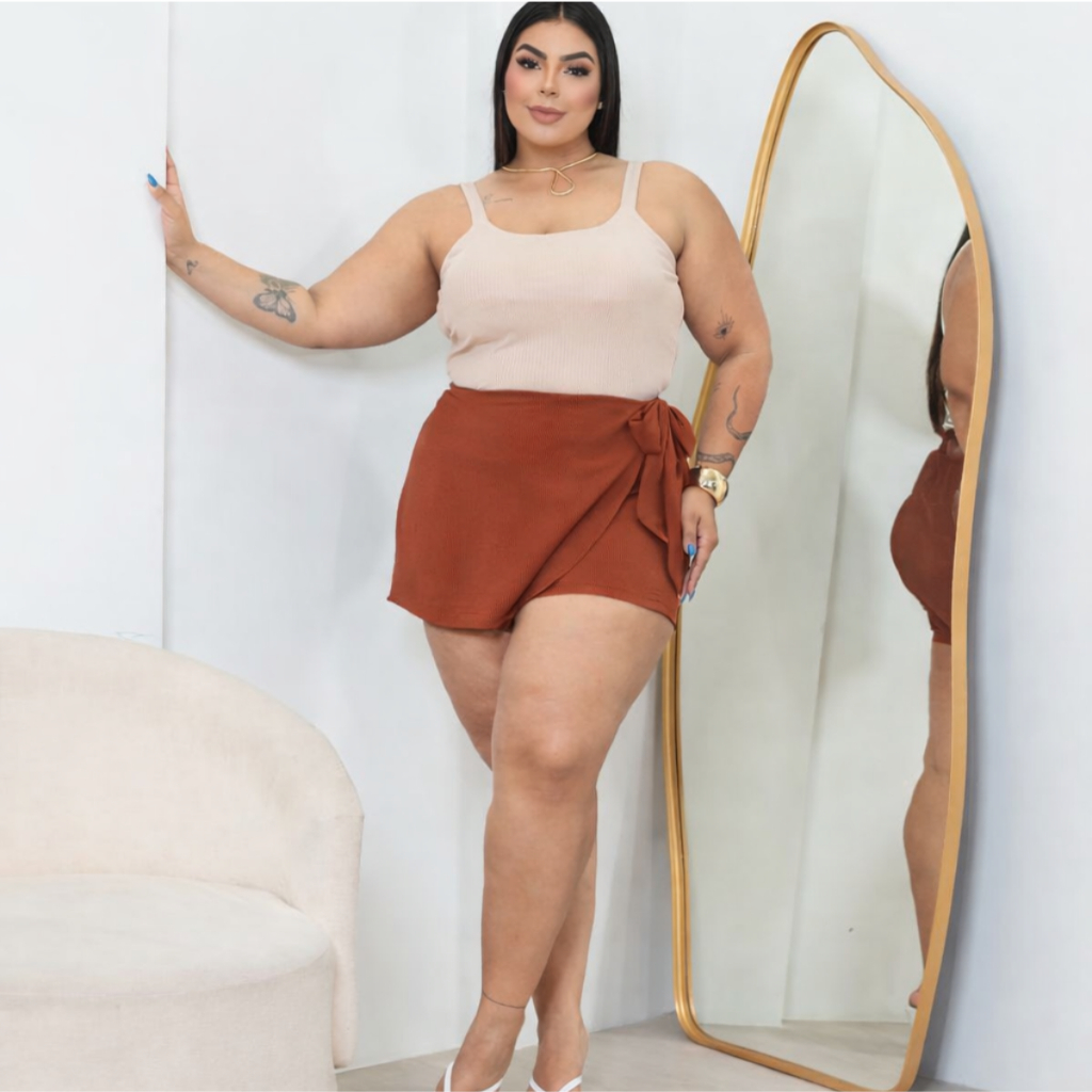 Short Saia Feminino Envelope Plus Size Curve Com Amarração Alfaiataria Duna Premium Estilo Verão