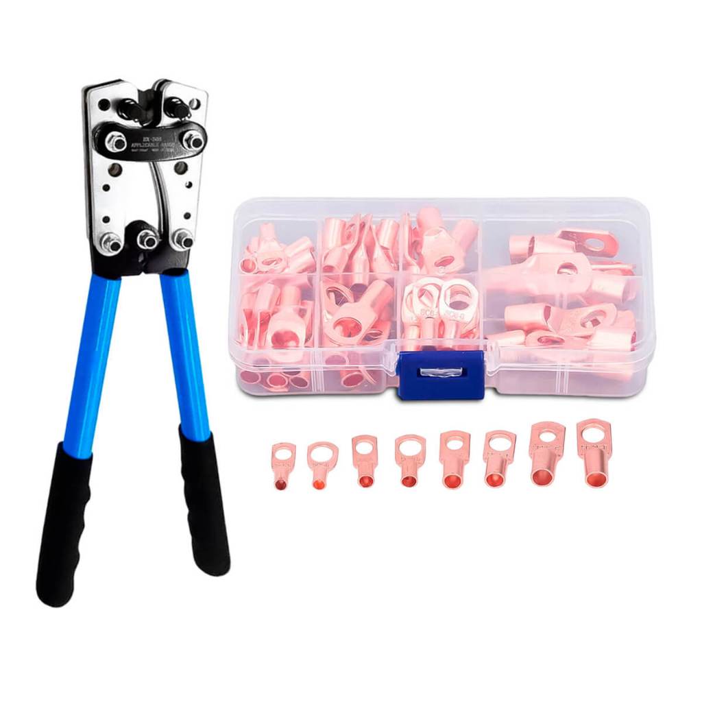 Kit Alicate Crimpador Terminal em aço Crimpador Prensa + Terminais de Cobre 60 unidades 6-50mm Exbom