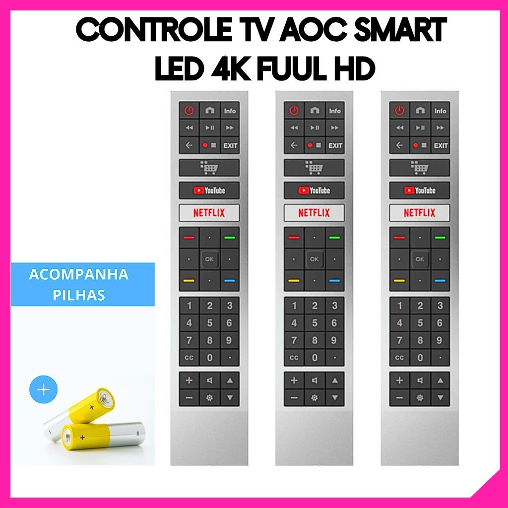 Controle Remoto TV AOC Smart LED 4K Full HD Universal Compatível Netflix YouTube