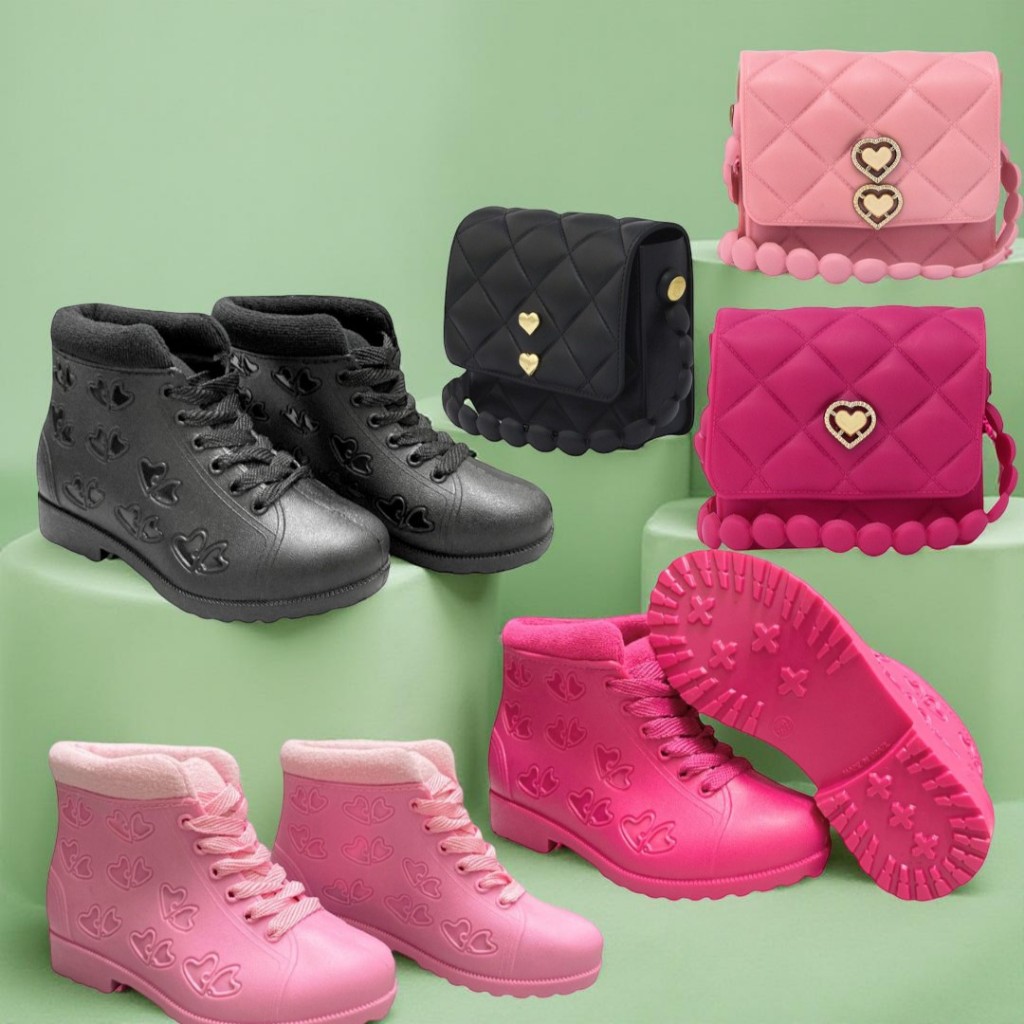 Conjunto Infantil Bota + Bolsinha Coração Feminino | Material Confortável E Impermeável D&C
