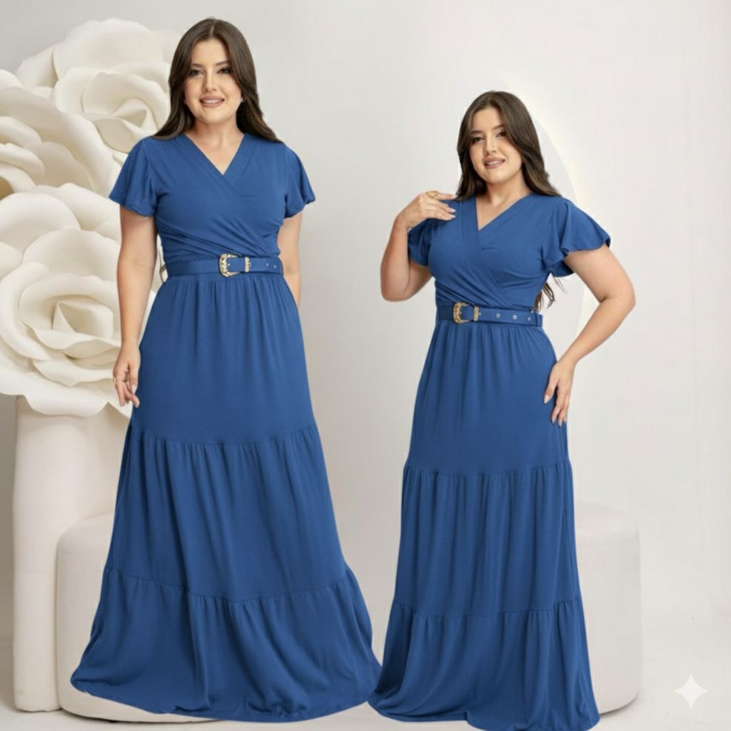 Vestido Longo Feminino Casual Manga Curta Moda Evangelica Com Cinto Plus Size Para Congresso em Oferta na Shopee