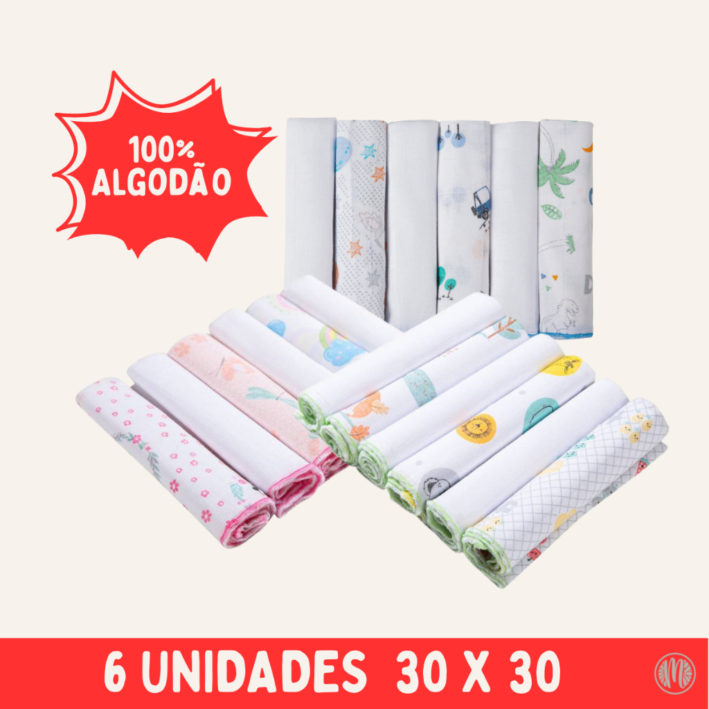Kit 6 Pano de Boca 100% Algodão Paninho Fralda de Bebe 30cmx30cm Papi em Oferta na Shopee