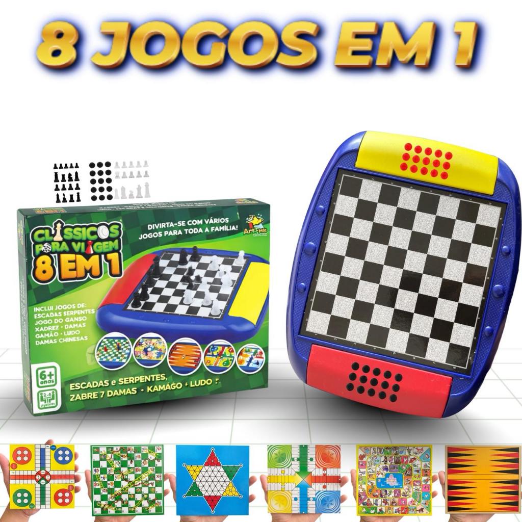KIT JOGOS CLÁSSICOS 8 EM 1 TABULEIRO DE MESA CRIANÇA DAMA XADREZ GAMÃO GANSO ESCADAS E SERPENTES FAMILIA DIVERSÃO