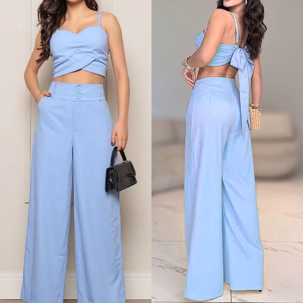 Conjunto Feminino Cropped Transpassado + Calça Pantalona  Longa Cintura Alta com Zíper – Tamanhos P ao GG