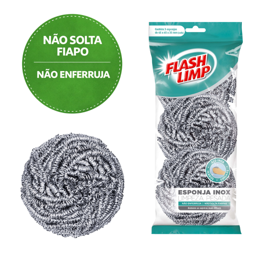 Kit com 3 Esponjas de Inox Flash Limp para Limpeza Pesada de Louças