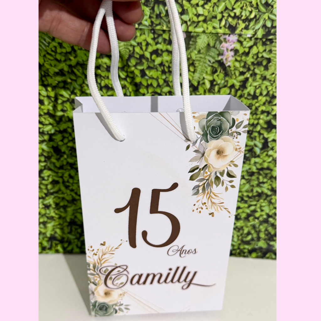 Sacolinha P Personalizada 15 Anos Floral Verde / Aniversário / Lembrancinha de Festa / (Pegue e Monte)