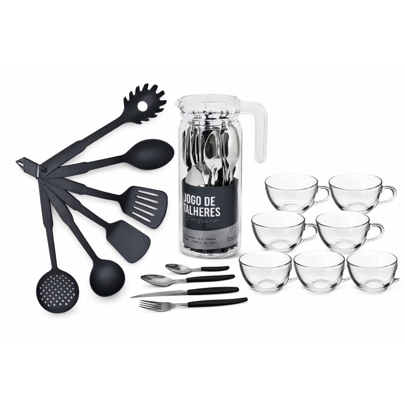 kit utensílios de cozinha jarra e xícaras talheres promoção kit barato