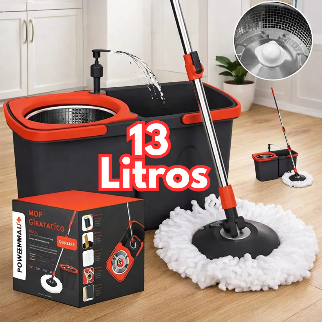 Mop Esfregão Centrifuga Duo Giratório Inox c/ Dispensador Desmontável Cesto Inox Duas Águas Balde Duplo