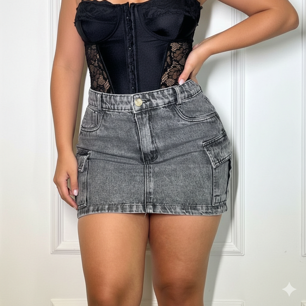 Saia Cargo Jeans Curta Juvenil Infantil 10 ao 16 anos menina com Lycra Bolso na Lateral Cintura Alta