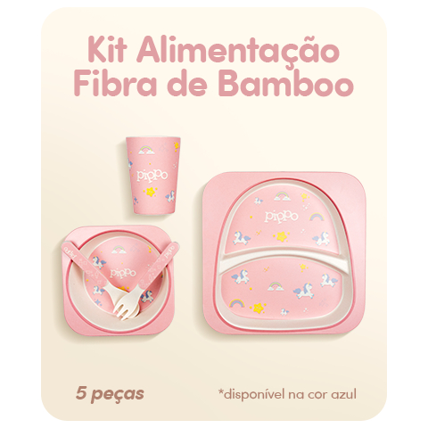 Kit Alimentação Prato Tijela Garfo Colher e Copo Infantil Bebe 5 Peças Em Fibra De Bambu Sem BPA | Pippo