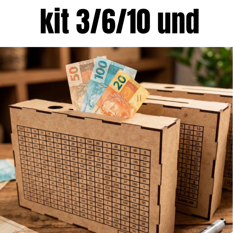 KIT Caixa Cofre Dinheiro Mdf Desafio 5 Mil 10 Mil 250 Depósitos Woodbox Cofrinho