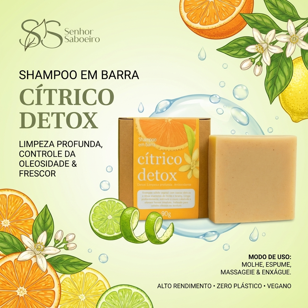 Shampoo Detox Cabelos Oleosos Sólido Natural Cítrico - Limpeza Profunda Vegano Em Barra