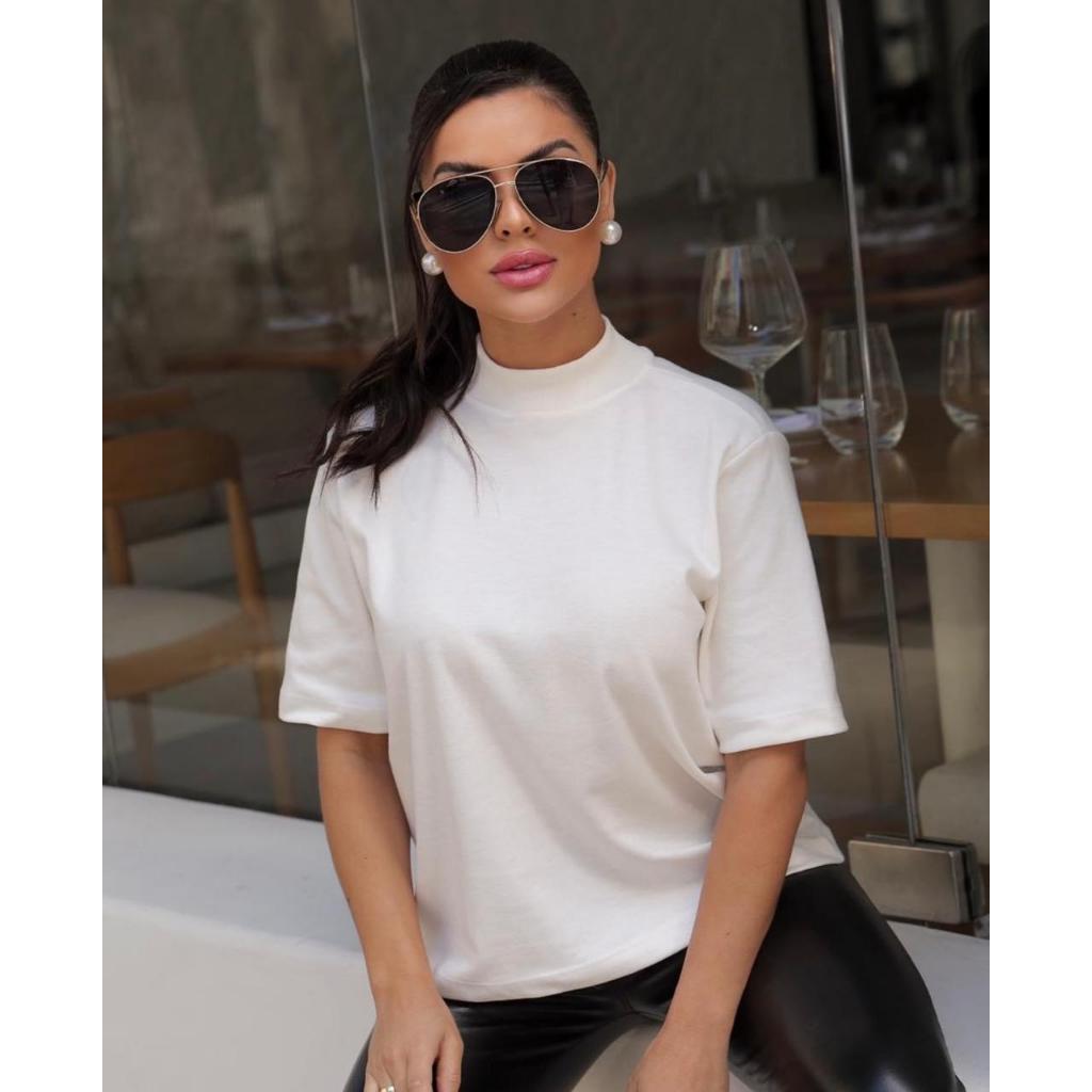 BLUSA GOLA ALTA FEMININA  MANGA CURTA ESTILOSA  T -SHIRT GOLA ALTA 100% ALGODÃO em Oferta na Shopee