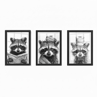 Kit 3 quadros 18x24 cm decorativos banheiro, lavabo, guaxinim, com moldura e vidro em Oferta na Shopee