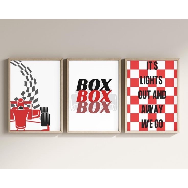 Quadros Decorativos Fórmula 1 Frases Box Box Box e Bandeira Quadriculada Sport (3 peças)