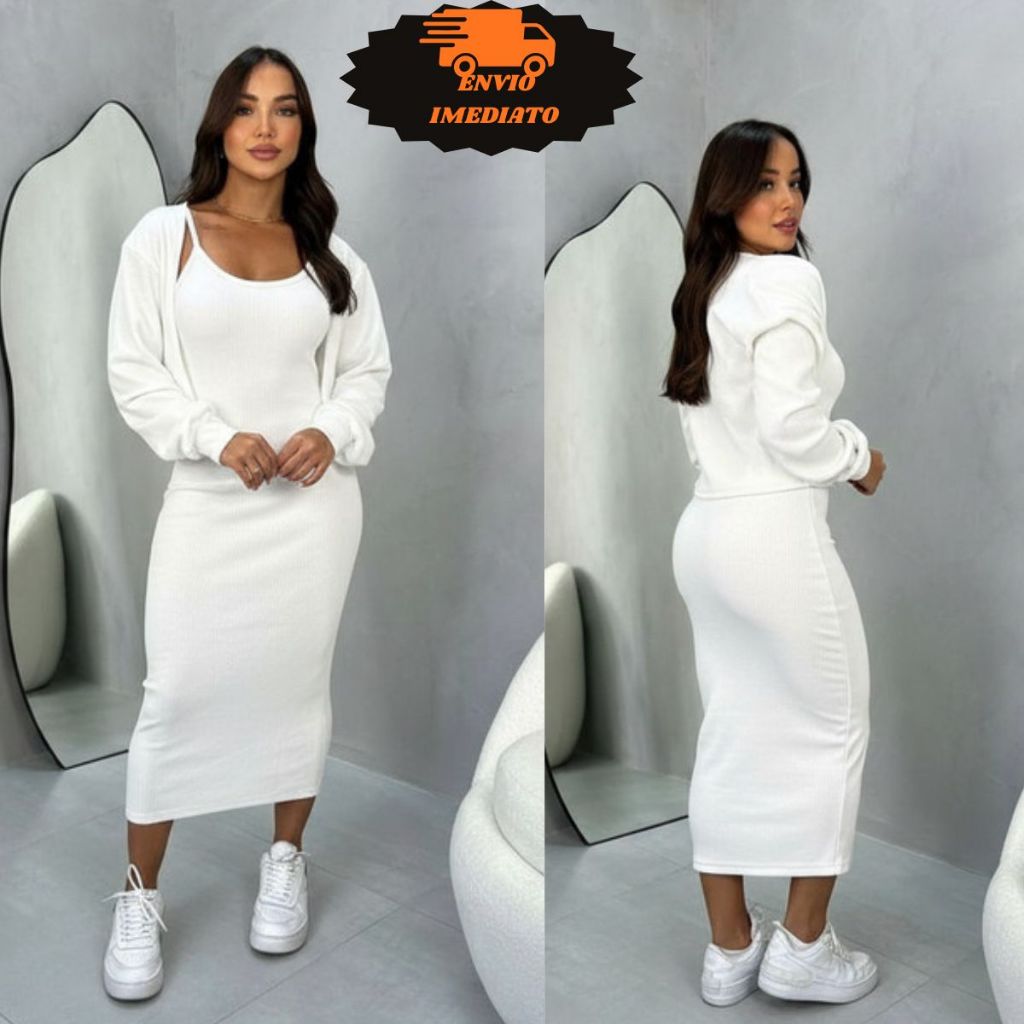 Conjunto Vestido Alça Fina Midi Canelado C Casaco Cardigan Feminino Longo Moda Evangélica Blogueira