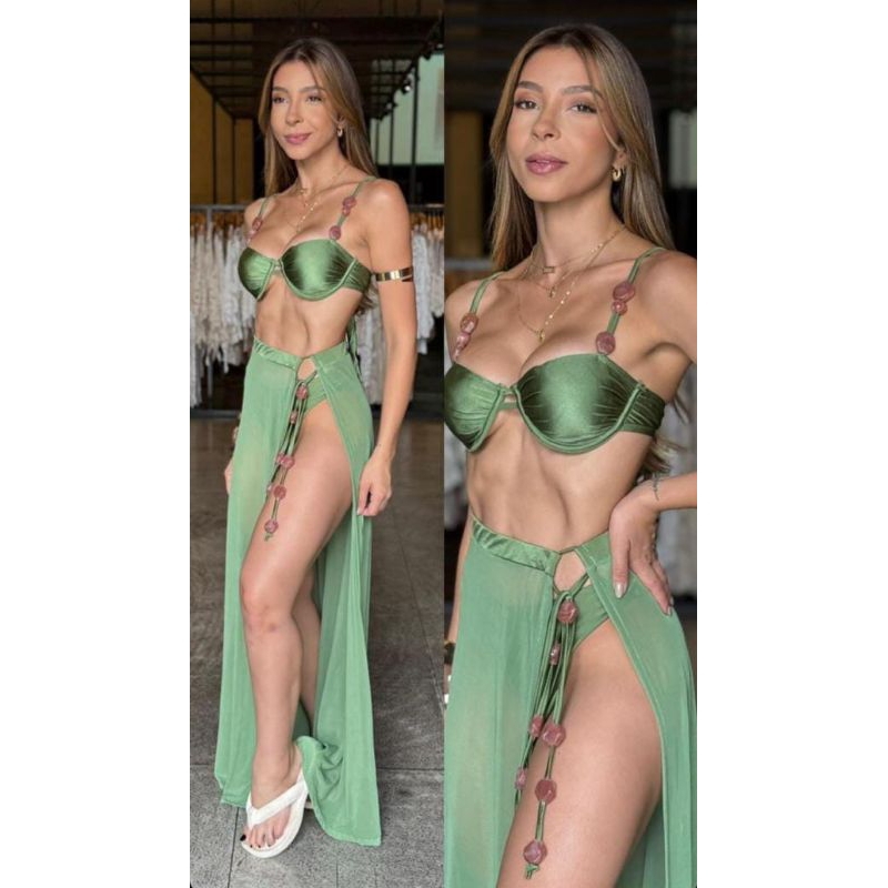 Conjunto Biquíni Feminino Isa com Saída de Praia Luxo Argolas | Moda Praia Verão | 3 peças / Trikini em Oferta na Shopee